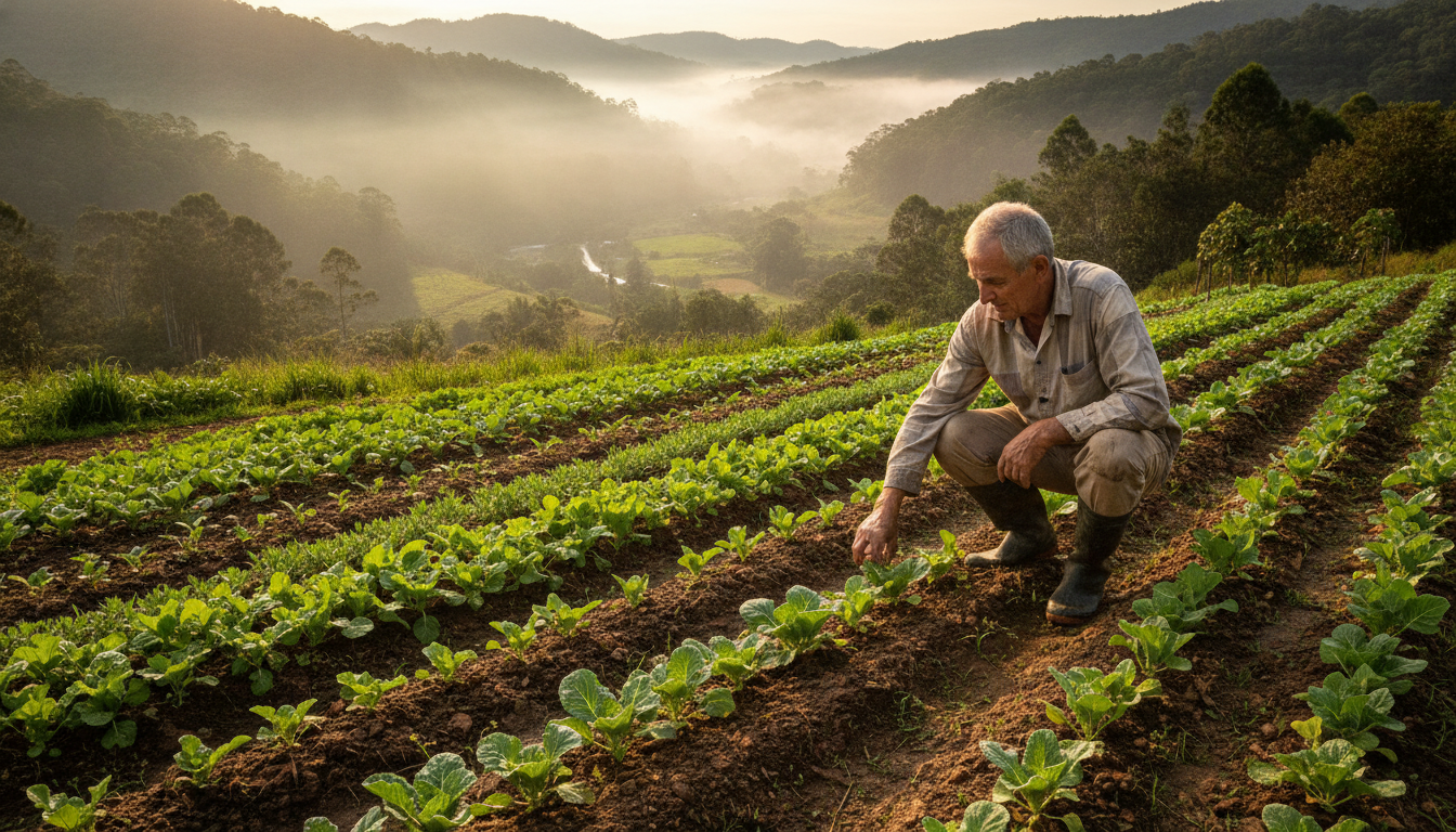 Agricultor familiar inspeciona plantio em propriedade rural no interior de Santa Catarina. Imagem ilustrativa gerada por inteligência artificial | Space SC