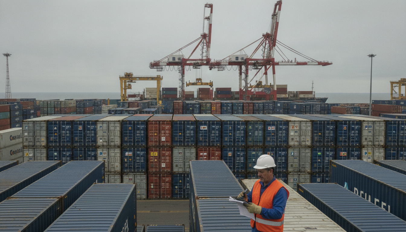 Terminal de contêineres no Porto de Itajaí, principal hub exportador do Sul do Brasil. Imagem ilustrativa gerada por inteligência artificial | Space SC