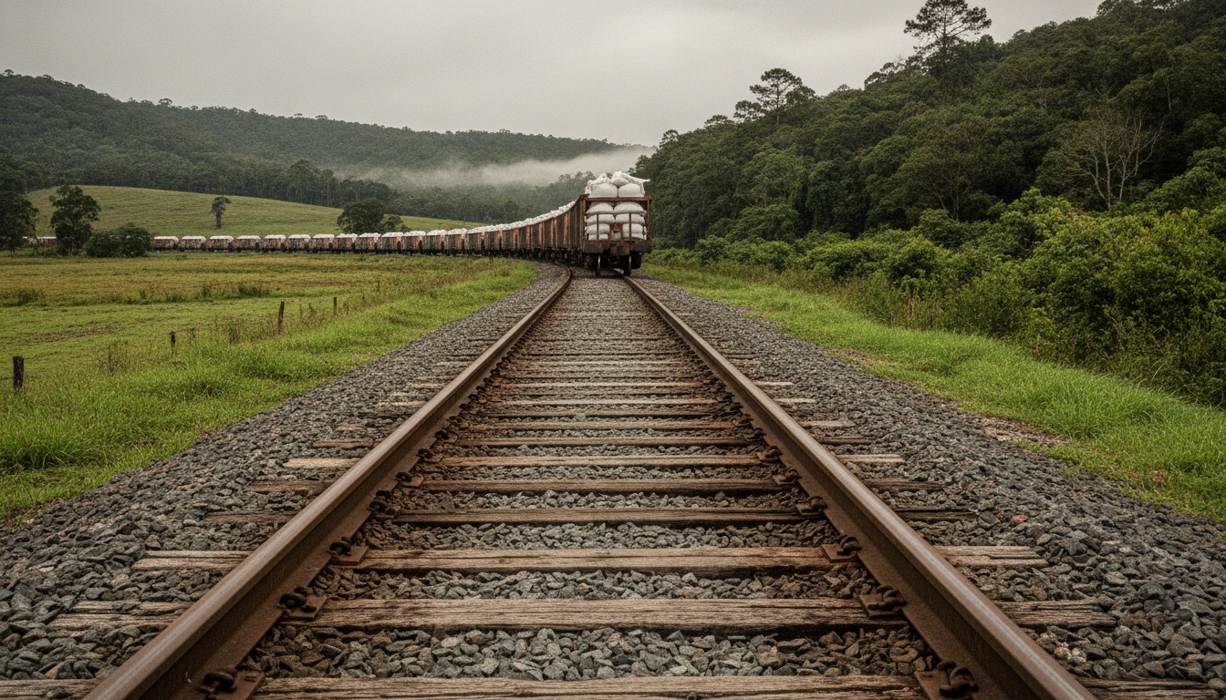 Trem de carga percorre trecho da ferrovia entre Mafra e o Porto de São Francisco do Sul, principal corredor ferroviário de Santa Catarina. Imagem ilustrativa gerada por inteligência artificial | Space SC
