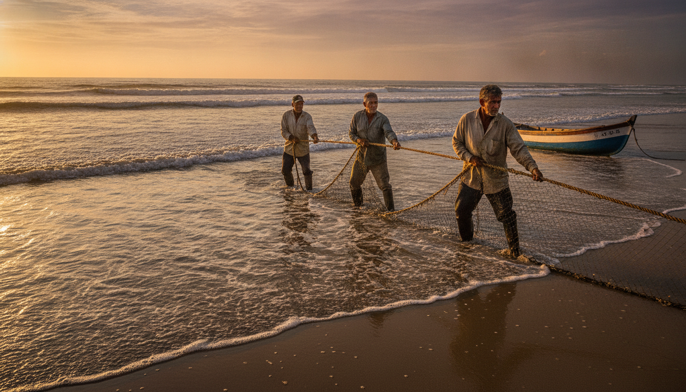 Pescadores artesanais puxam rede de arrasto de praia no litoral catarinense durante a safra da tainha. Imagem ilustrativa gerada por inteligência artificial | Space SC