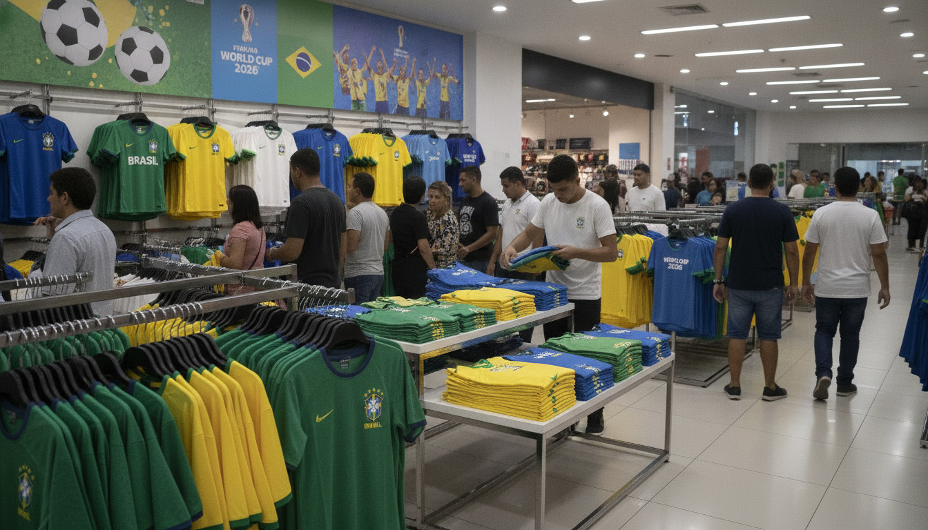 Consumidores em loja de artigos esportivos durante a temporada da Copa do Mundo 2026. Imagem ilustrativa gerada por inteligência artificial | Space SC